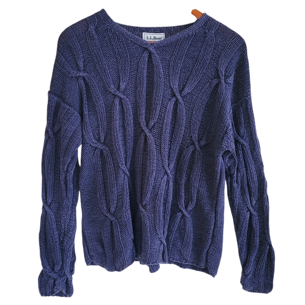 LLBean Vintage Cableknit Crew Neck Cotton Sweater Blue Womens Large